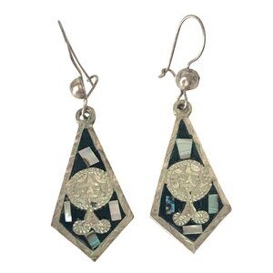 925 Sterling Earrings Pierced Mother of Pearl Inlay Enamel Dangle Mexico